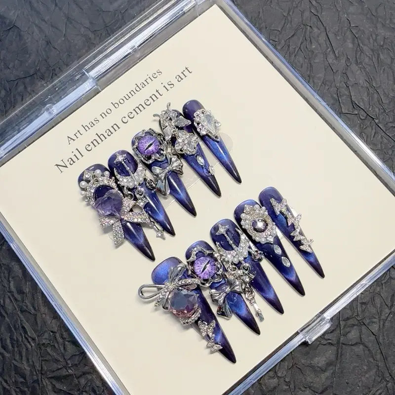 Fake Nails, Purple Cat Eye 3D Evil Eye Design, Cyberpunk Cross Rhinestone Decor, Long Stiletto Style Artificial Nails