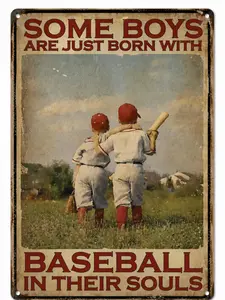 8x12in Metal Baseball Aluminium Tin Sign - Teenager Back View Artistic Print "Some Boys Are Born with Baseball in Their Souls", Retro Throwback Home Decor, Man Cave Photo Wall Plaque, Home Supplies Gift, Baseball Home Signs