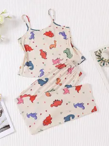 2 pieces of women's small dinosaur printed suspender pants pajama set with elastic waistband suitable for all seasons, fashionable, comfortable, casual and elegant home wear