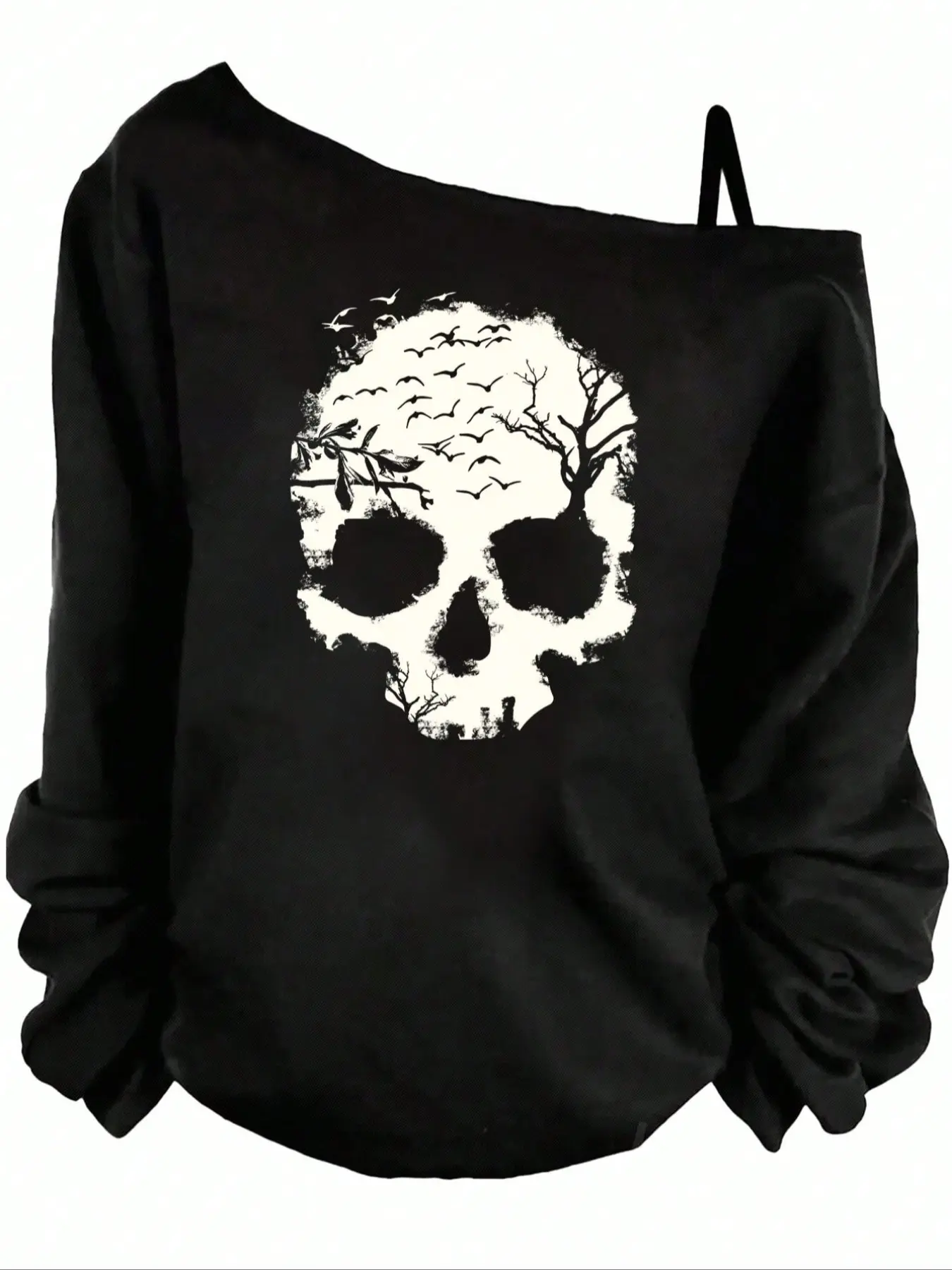 Women's Halloween Graphic Skull Print Spaghetti Strap Off-Shoulder Long Sleeve Fitted Silhouette Top, Y2K Style Adjustable Straps, Casual Summer Fashion, Womenswear