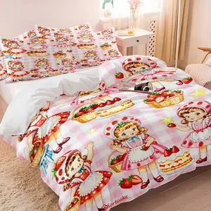 Vintage Strawberry Shortcake Duvet Cover Set, 1 Duvet Cover + 1/2 Pillowcases, Pink Gingham Girl & Cake Print Bedding, Ultra Soft Breathable Microfiber, All Season Comfort for Girls Bedroom