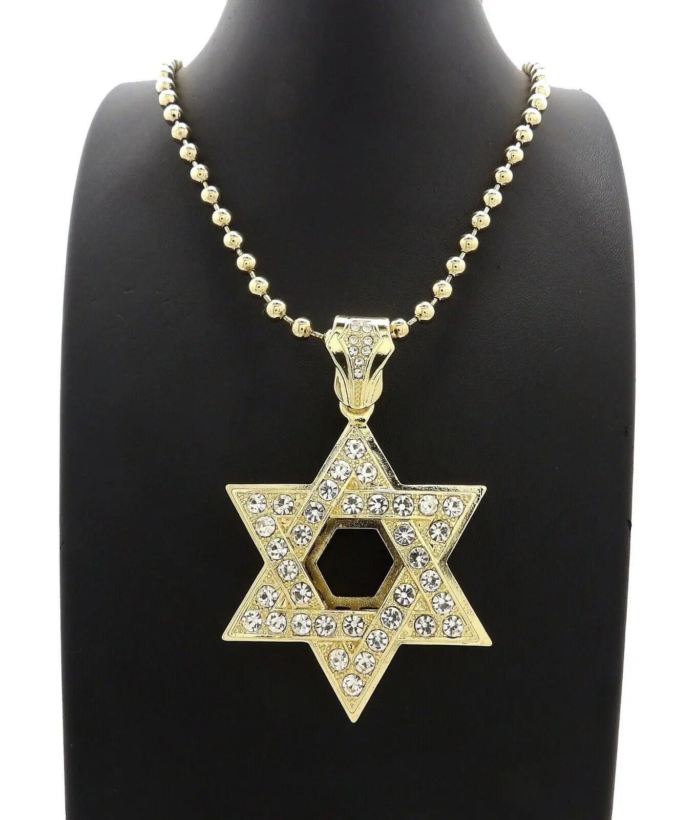 MaxBling81 Iced Out Star of David Fashion Pendant, Gold-Plated Hip Hop 30-inch Ball Chain Necklace for Adults, Unisex Necklace Gift, Fashion Pendants, Gift Ready, Blinged Out Style, Hip Hop Celebrity, Iced Star Of David