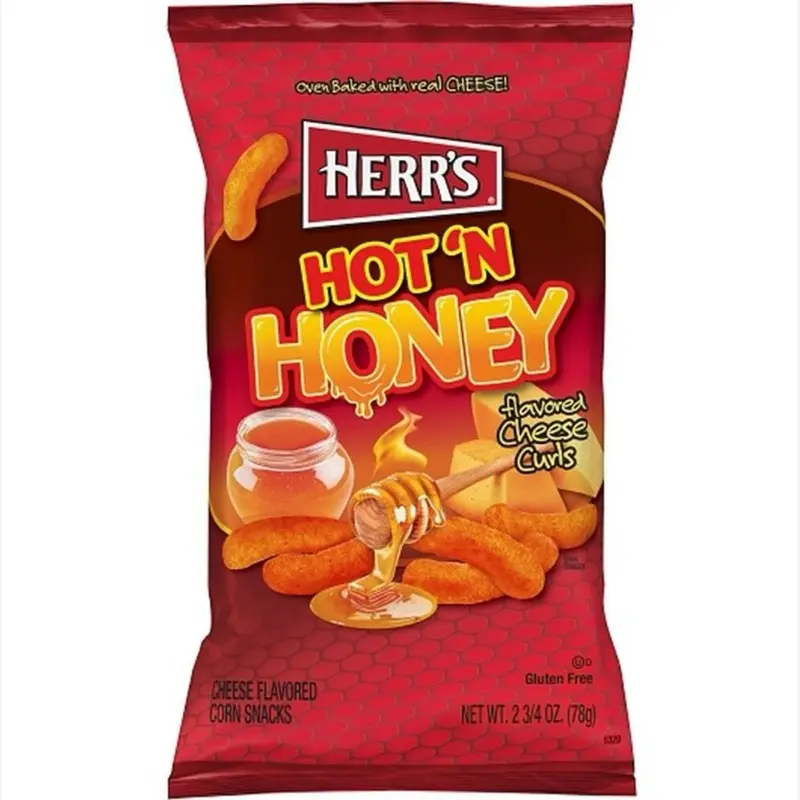 Herr's Hot 'N Honey Flavor Cheese Curls - 1 Bag 78g - Cheese Flavored Corn Snacks - Gluten Free - 2.36 Oz