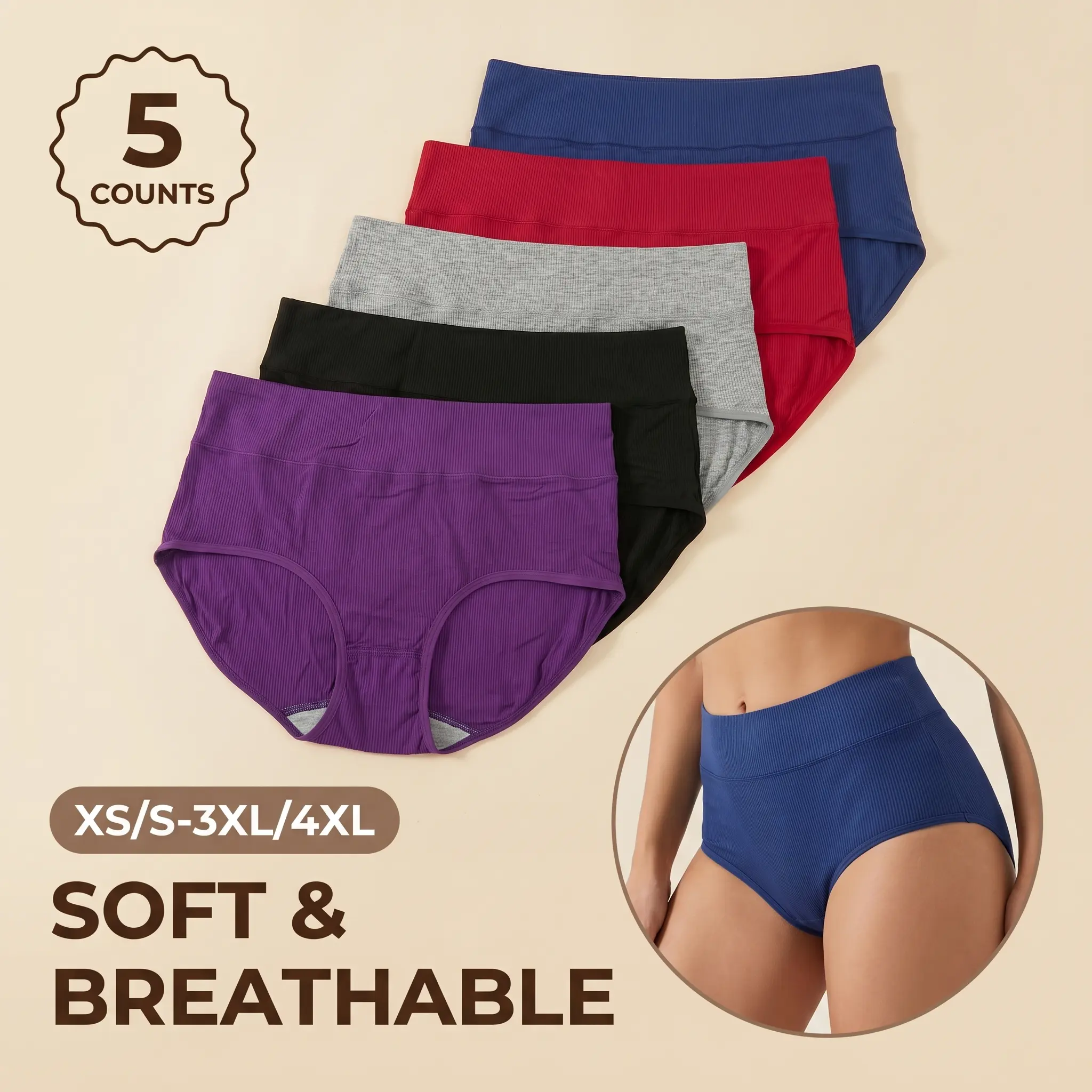 5-Pack Women's High Waist Ribbed Panties, Stretch Breathable Solid Color Triangle Underwear