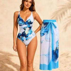 Women Blue Marble Print One Piece Swimsuit Set, Deep V Twist Front Bathing Suit with Long Sheer Sarong Cover Up, 2 Piece Resort Swimwear Outfit for Beach Vacation Poolside Cruise Travel