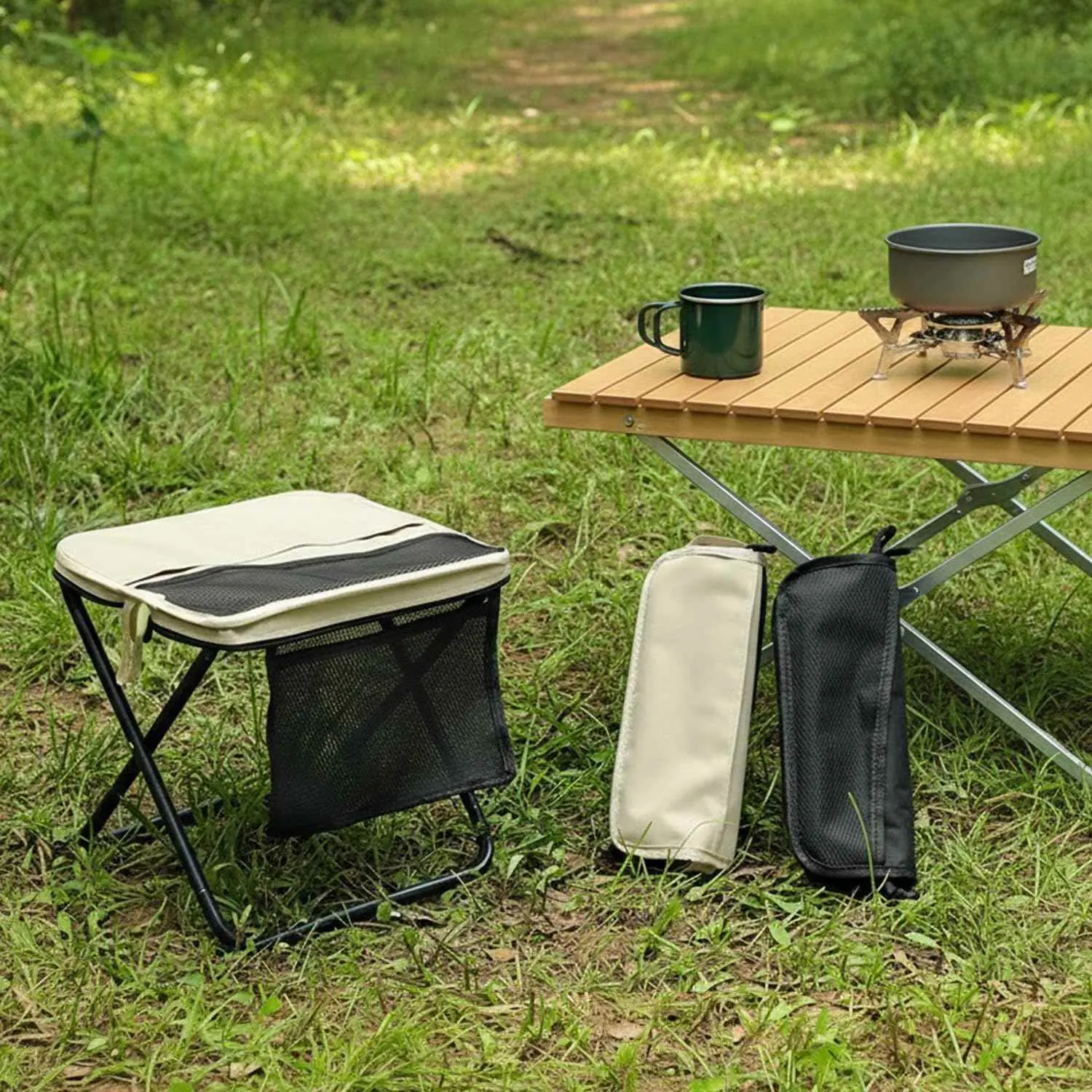 Lightweight Mesh Collapsible Stool - Portable Space-Saving Seat with Sturdy Metal Frame, Carry Strap, Anti-Slip Surface Legs for Hiking, Camping