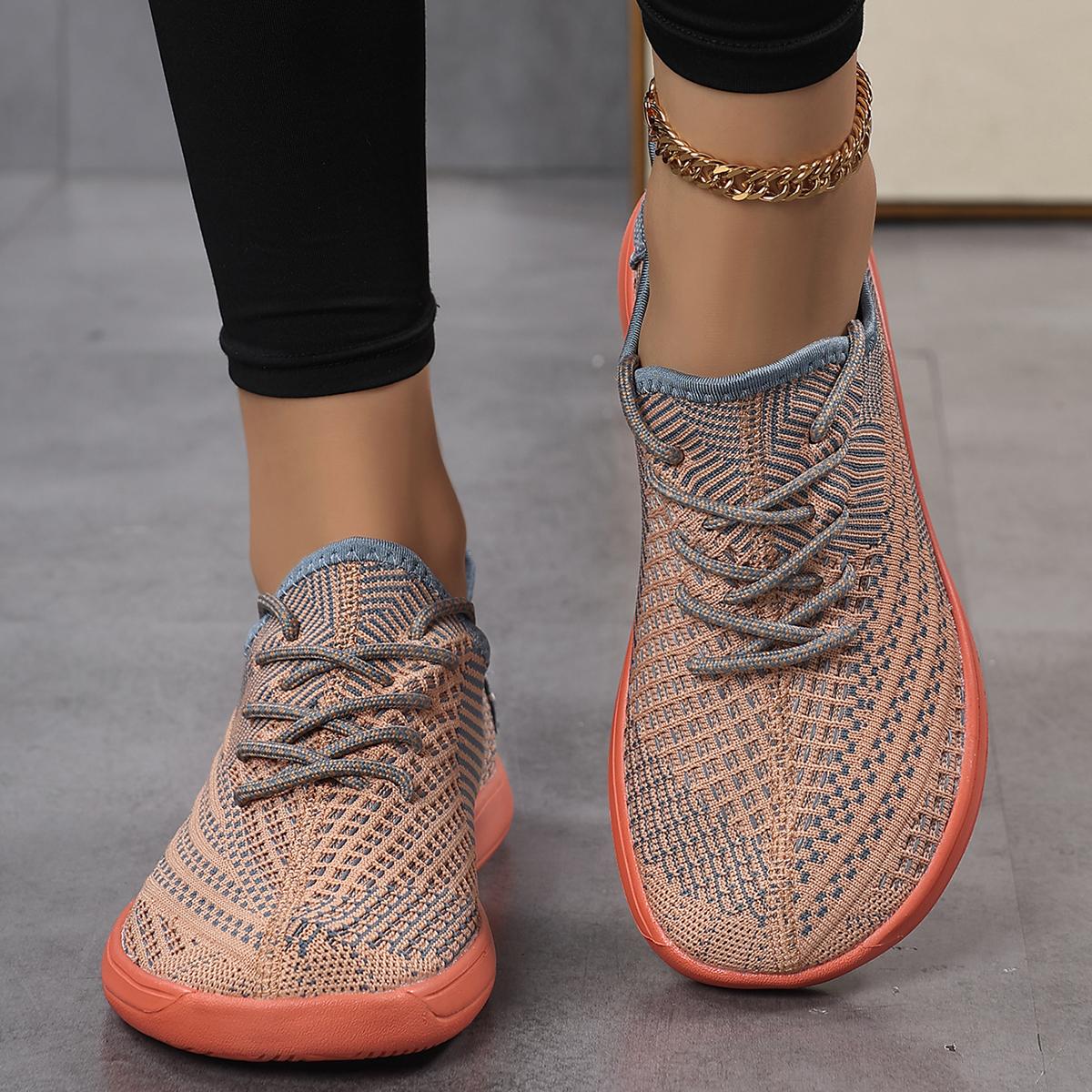 Women's Breathable Mesh Walking Shoes, Low-Top Athletic Sneakers with Flat Heel, Color Block Pattern, Slip-on Casual Footwear