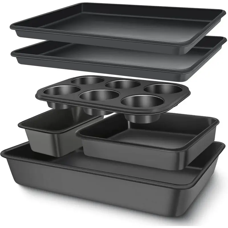 6-Piece Nonstick Carbon Steel Bakeware Set - Stackable Home Supplies Baking Pans Including Cooking Sheets, Deep Roaster Tray, Square Tray, Loaf Dish, Muffin Cup Pan for Oven Cooking, Birthday Baking, Six Pieces