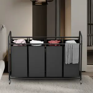 4 Bag Bedroom Set Basket Storage Box Sorter Hamper Cart with Heavy Duty Rolling Lockable Wheels and Removable Bags Laundry Container Metal Organiser