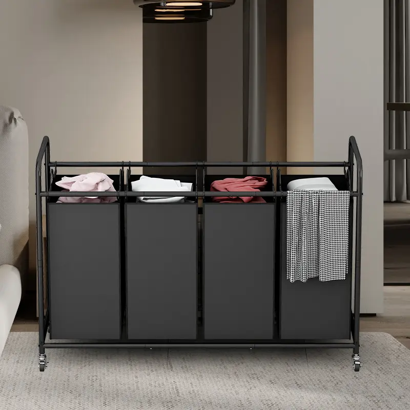 SUOERNUO 4-Bag Modern Rectangle Laundry Basket Bedroom Storage Cart - Heavy-Duty Lockable Rolling Wheels, Removable Waterproof Bags, Metal Organizer