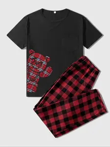 Men's Two-Piece Set, Bear Plaid Print Round Neck Sweater & Plaid Pants, Casual Comfortable Wear, Available in Multiple Colors