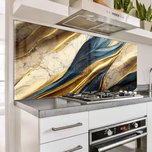 GCKG Marble abstract background Nature marbling blue gold sequins Tempered Glass Kitchen Backsplash, Stove Back Cover, Stove Splashback, Cutting Board, Kitchen Wall Decor