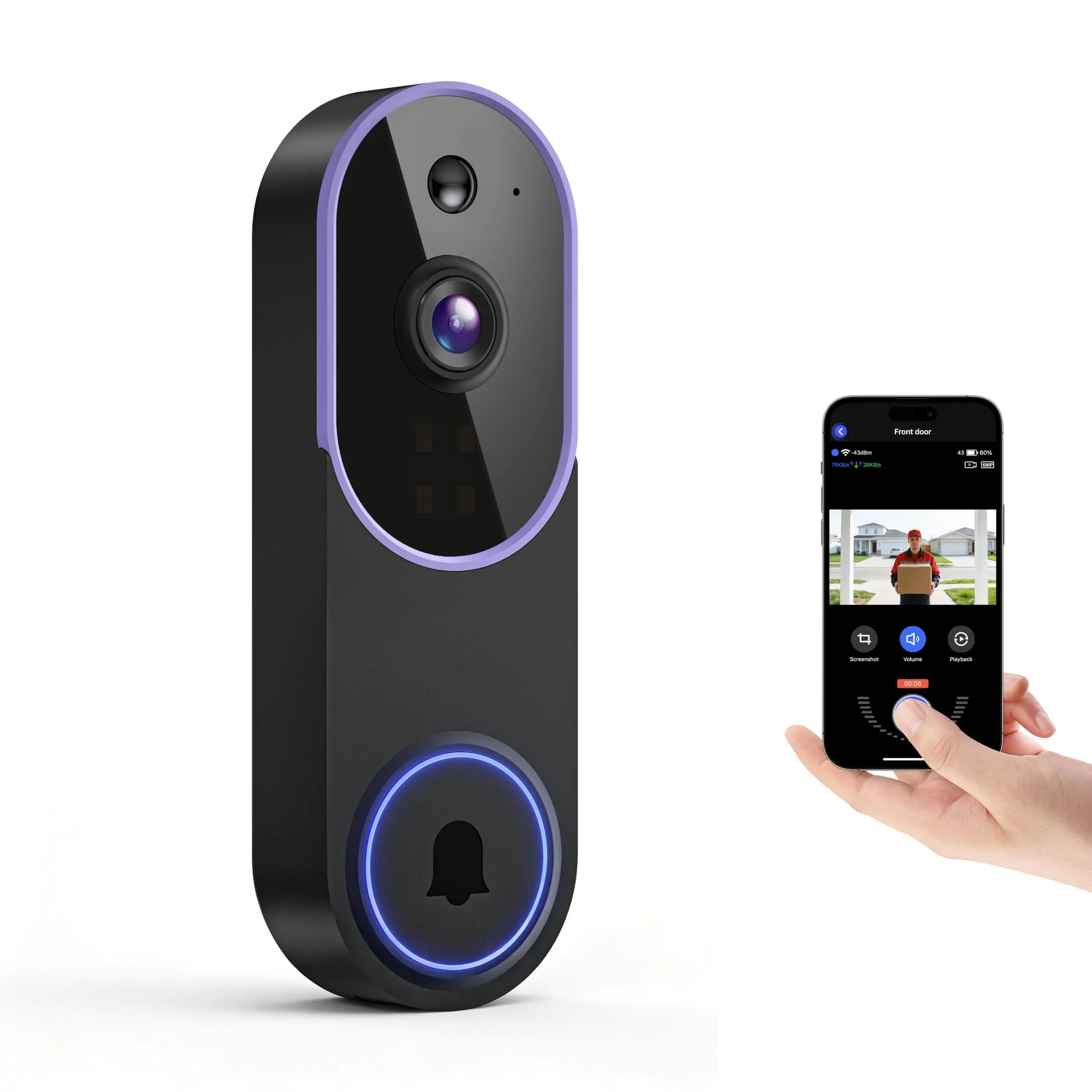 Smart 1080p Video Doorbell Camera with Night Vision, Live View, AI Human Detection, 2-Way Audio, Cloud Storage (Sold Separately), 2.4G WiFi Only, Hidden Security