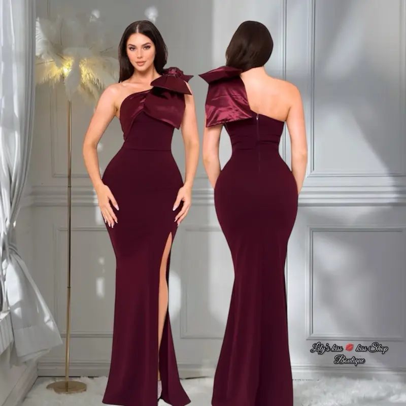 Burgundy One Shoulder Maxi Dress with Bow Detail and Slit – Formal Evening Dress for Women