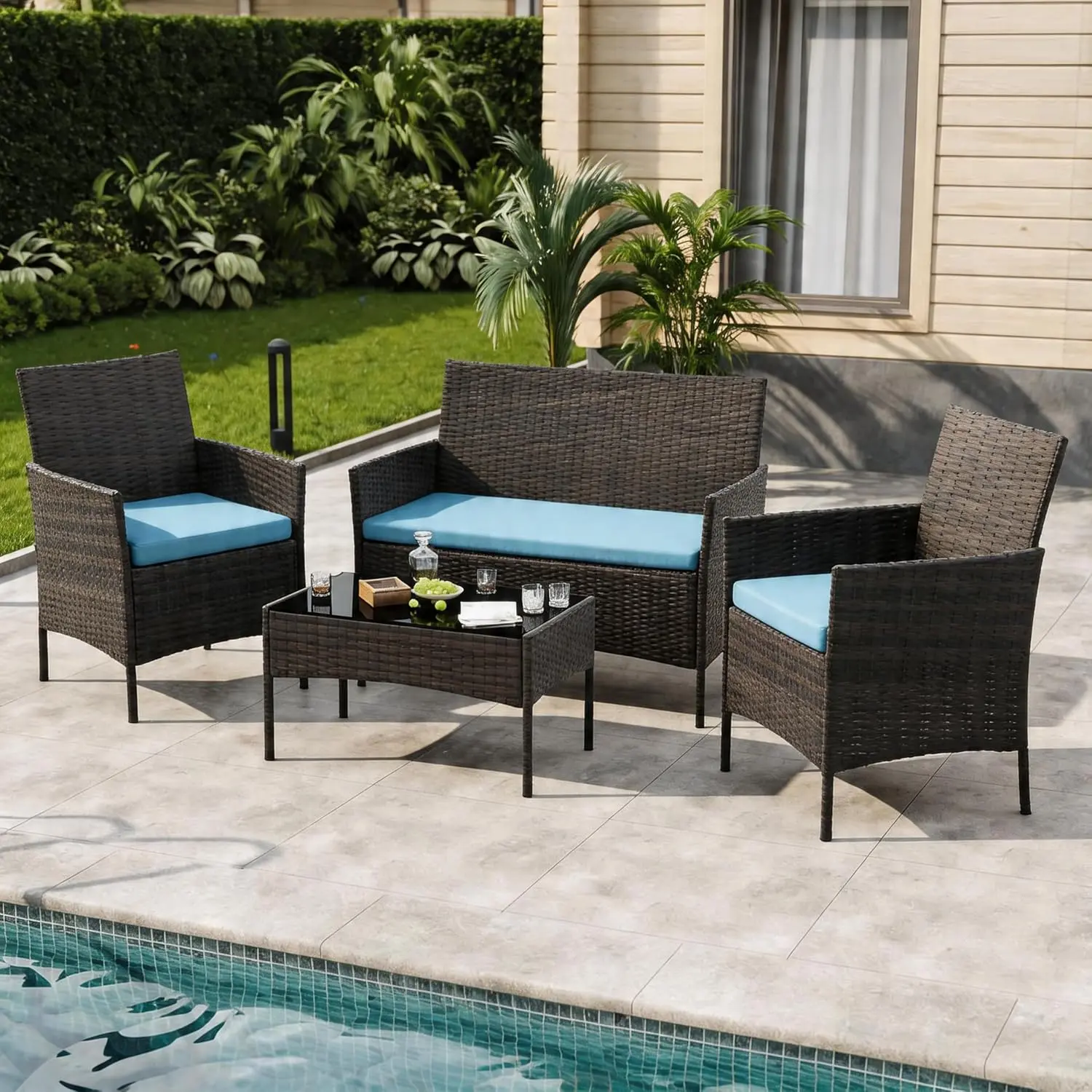 4-Piece Waterproof All-Weather Outdoor PE Rattan Wicker Furniture Set - Cushioned Chairs, Tempered Glass Coffee Table, Weatherproof Material Tough Set for Garden, Backyard, Poolside