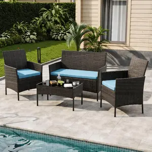 4-Piece Waterproof All-Weather Outdoor PE Rattan Wicker Furniture Set - Cushioned Chairs, Tempered Glass Coffee Table, Weatherproof Material Tough Set for Garden, Backyard, Poolside