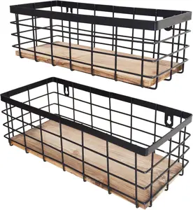Set of 2 Black Metal Wire Baskets with Detachable Wood Base, Storage Organizer Bins for Kitchen Cabinets, Bathroom, Pantry, Laundry Room, and Closets