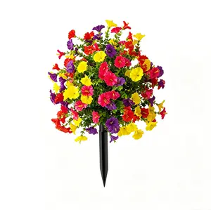 Artificial Petunia Flowers with Ground Stake, Outdoor Fake Morning Glory Bushes, UV Resistant Faux Flower Picks for Garden Patio Porch Planter Decor, Multicolor Orange Yellow Purple Artificial Flowers for Outside Yard Landscaping