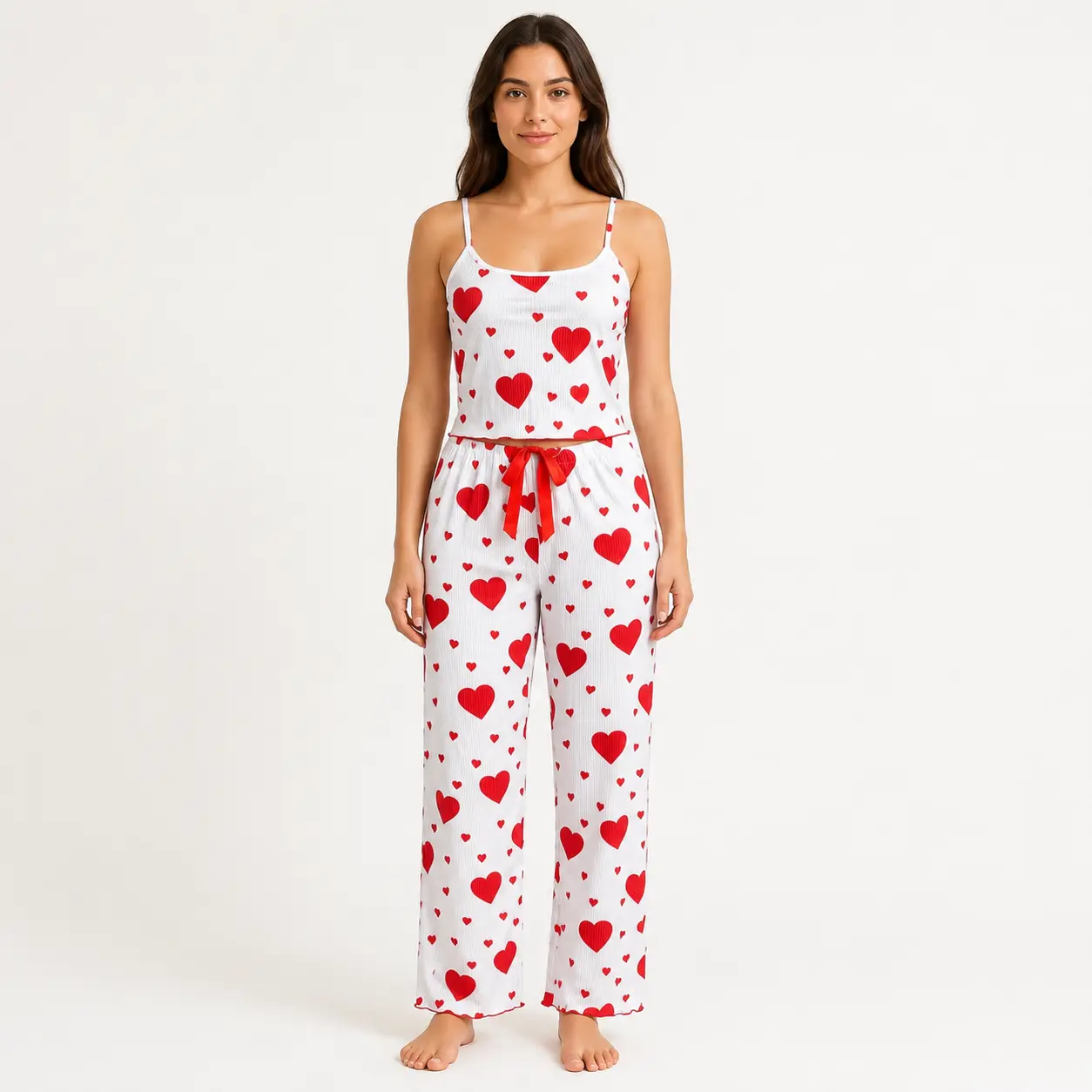 Women's Heart Pattern Pajama Set, Womenswear Loungewear - Comfortable White Sleepwear with Red Hearts
