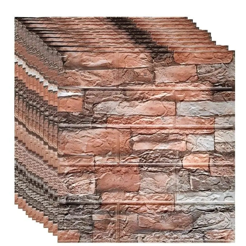 10pcs/20pcs/40pcs/100pcs Embossed Faux Stone Brick Wall Stickers, Peel and Stick Removable Waterproof  Wallpaper, Rustic Textured Wall Decals for Living Room Bedroom Kitchen Home Decor, Rental Friendly Budget Room Makeover