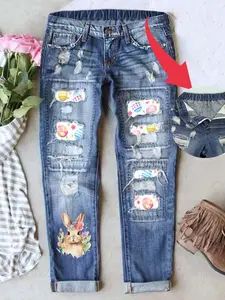 Women's Patch Ripped Distressed Mid-Waist Button Boyfriend Fit Washed Cute Easter Eggs Floral Print Loose Denim Jeans Elastic Waistband Breathable Comfy Pants for All Seasons