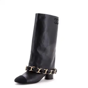 Pre-owned Chanel Women's Cap Toe Chain Fold Over Boots Leather with Grosgrain by Rebag