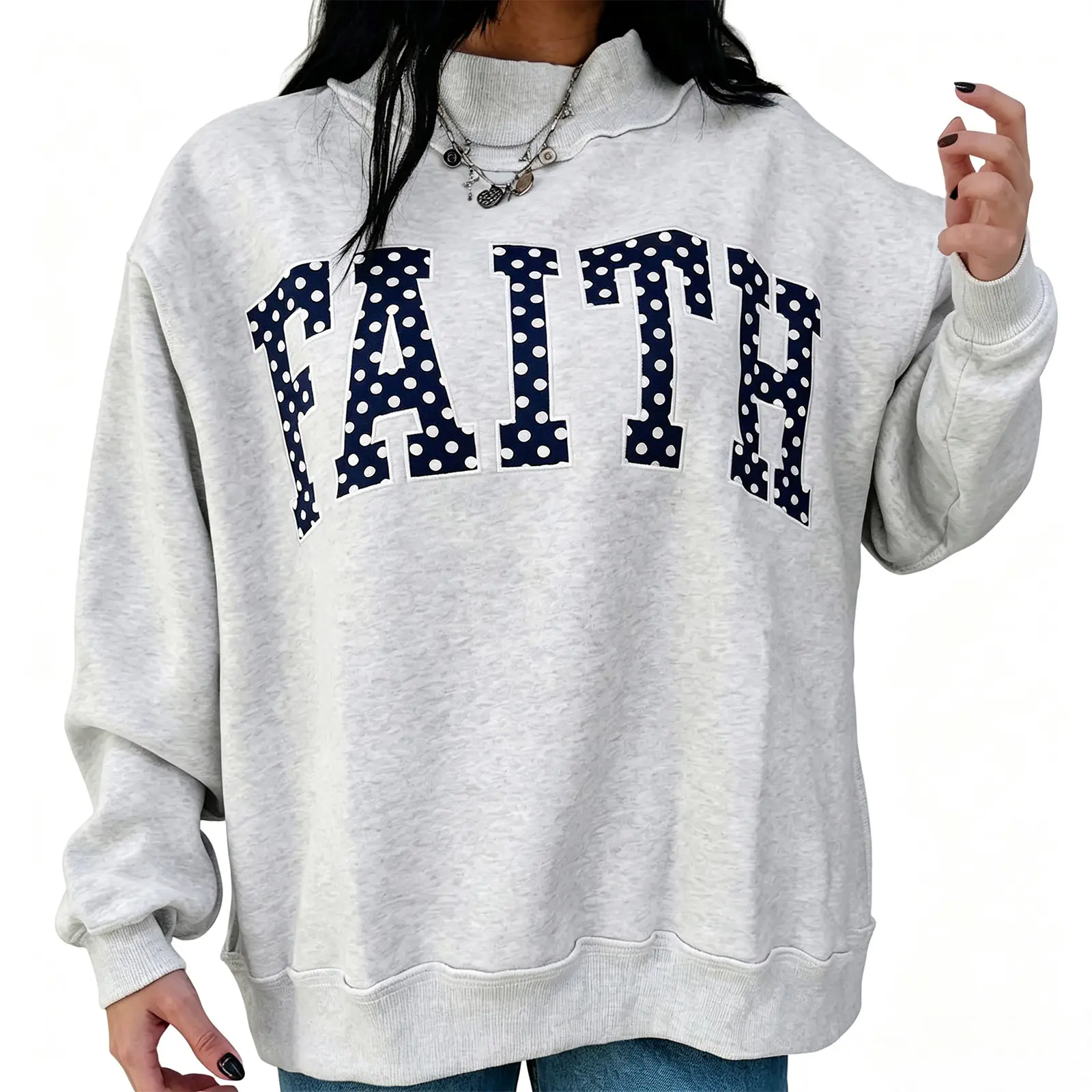 Hotapei Women's Mock Neck Long Sleeve Sweatshirts Graphic Letter Print Faith Jesus Pullover Tops Loose Fit Casual Fall Winter Clothes Y2K Streetwear Trendy Drop Shoulder Jumper Athletic Comfy Outwear Basic Chic Daily Wear Fashion For Girls And Ladies