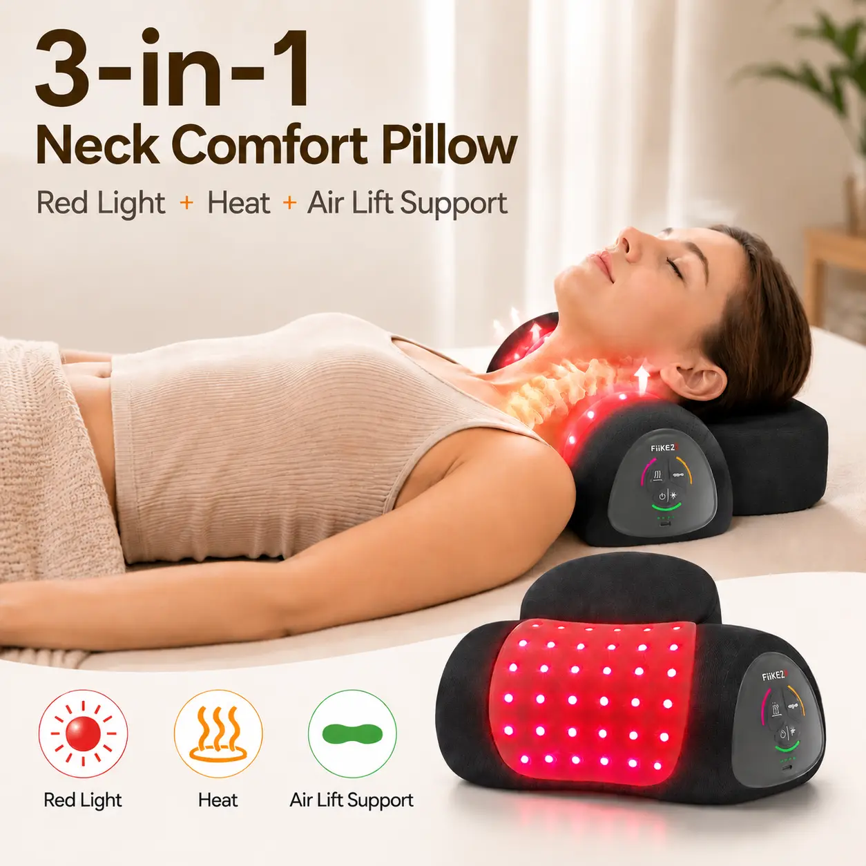 FliKEZE NeoNeck Air 3-in-1 Red Light Neck Pillow - Rechargeable, Cordless, Lightweight with Heat, Adaptive Air Lift Support, Easy Control Cotton Design, Storage Bag for Daily Home & Travel Personal Care Massage Device