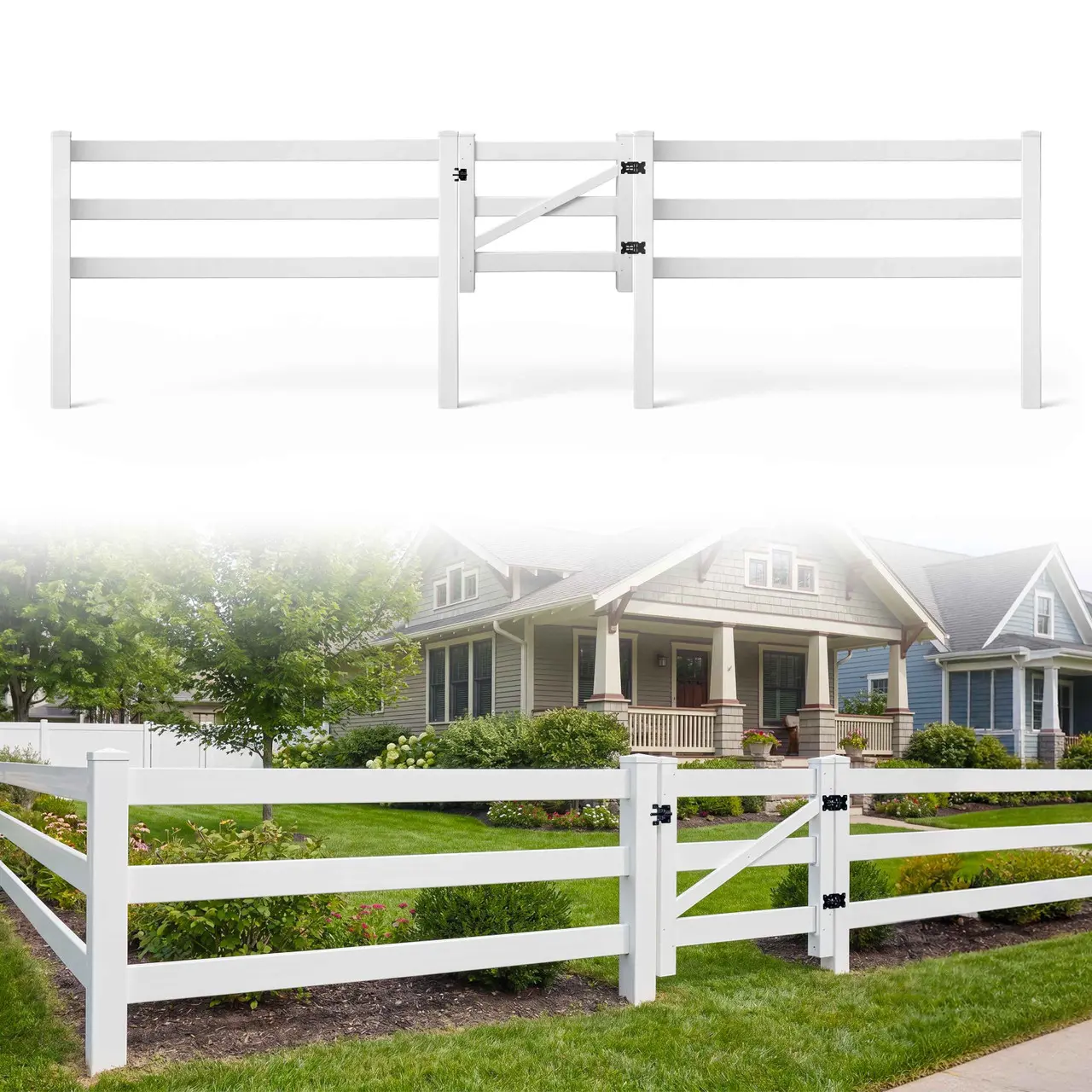 Fencer Wire 204FT Vinyl Ranch Fence Kit, 3-Rail White PVC Fence System with 4ft H x 4ft W Gate, 6ft Posts & 8ft Rails, UV-Resistant, Easy Installation, Durable Outdoor Fencing for Ranch, Yard & Farm