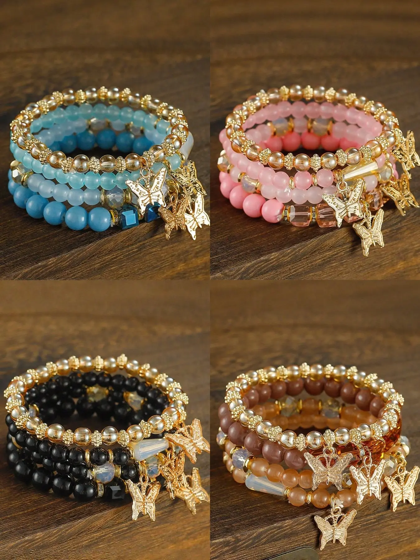 Girls' Bohemian Creative Bracelets, 4 Packs Butterfly Crystal Multi-Layer Beaded Fashion Bracelets, Girls' Jewelry Accessories, Stackable Bracelets, Stacking Bracelet, Fashionable Bracelet, Beautiful Bracelets