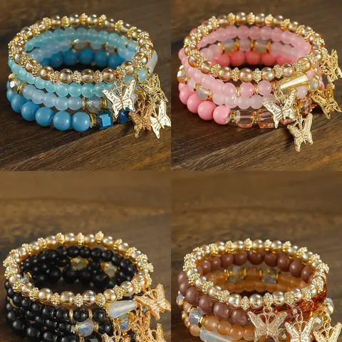 Girls' Bohemian Creative Bracelets, 4 Packs Butterfly Crystal Multi-Layer Beaded Fashion Bracelets, Girls' Jewelry Accessories, Stackable Bracelets, Stacking Bracelet, Fashionable Bracelet, Boho Bracelet