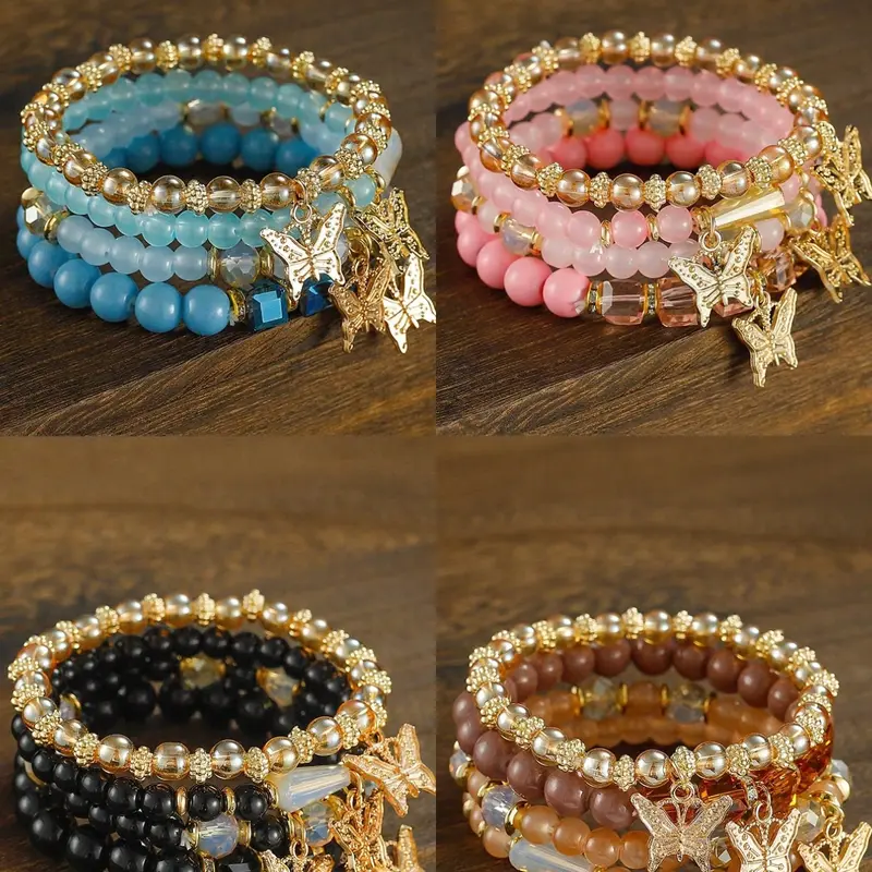 Girls' Bohemian Creative Bracelets, 4 Packs Butterfly Crystal Multi-Layer Beaded Fashion Bracelets, Girls' Jewelry Accessories, Stackable Bracelets, Stacking Bracelet, Fashionable Bracelet, Boho Bracelet