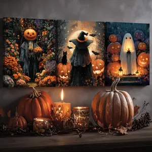 3 Counts Wooden Framed Canvas, Exquisite Halloween Theme, White Ghosts, Witches, Pumpkins, Halloween Poster, Halloween Decorations, Living Room And Bedroom Hanging Paintings, Party Horror Poster, Interesting Art, Exquisite Gifts, Home High-Definition Art