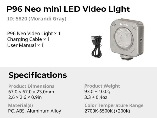 SMALLRIG P96/P108  Neo Mini LED Video Light, Portable Camera Light for Photography, Cold Shoe Light, CRI95+, 2700K-6500K, 1500mAh Battery, Fill Light Accessories for Content Creator,