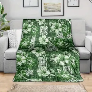 Vintage Green Hawaiian Throw Blanket With Hibiscus & Tribal Elements - Soft, Warm, And Cozy - Perfect For Sofa, Bed, Car, Office, Camping |   All-Season Gift Blanket, Allseason Throw |   Tribal Pattern Blanket |   Flannel Blanket