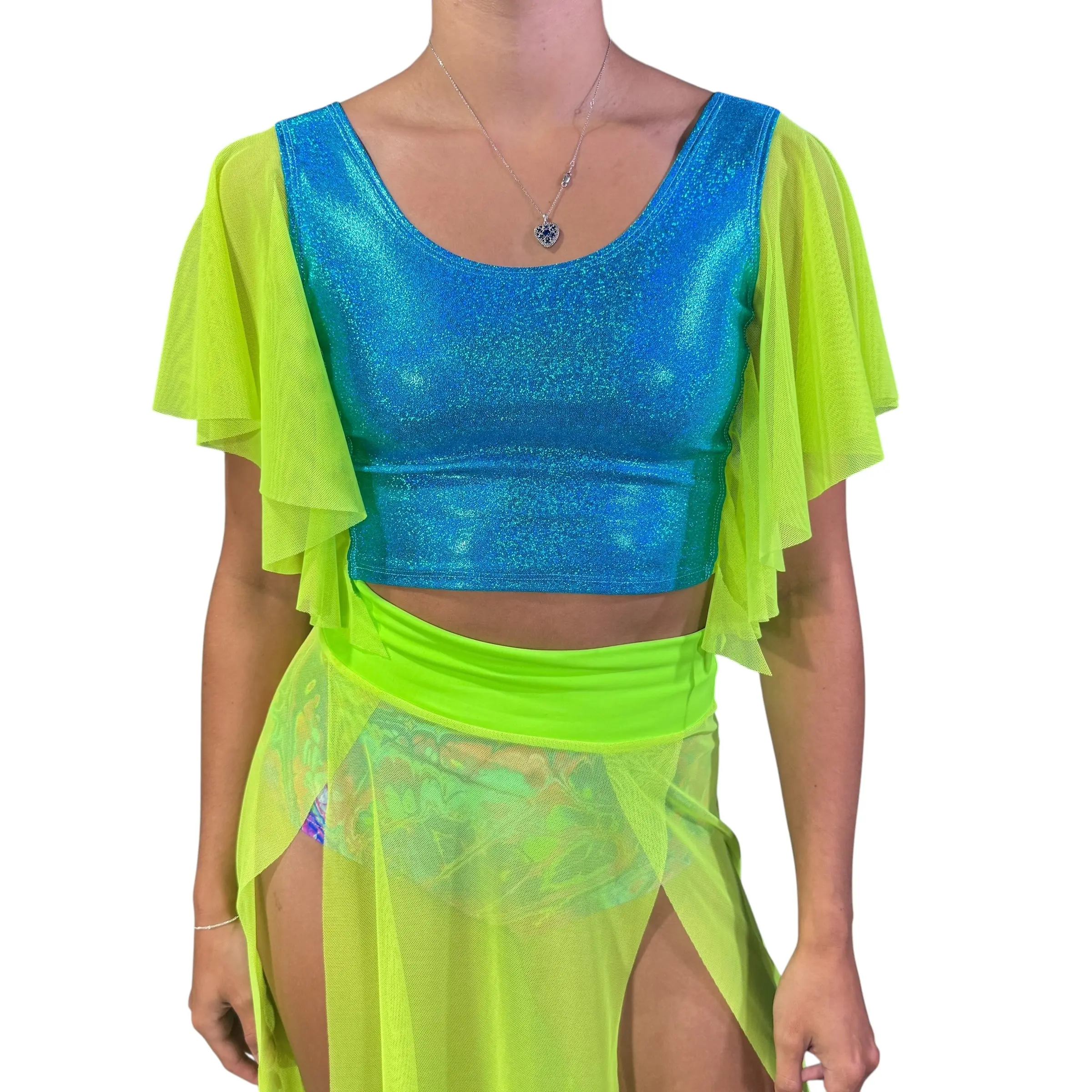 Flutter Sleeve Top in Blue Sparkle and Neon Lime Mesh Sleeve Ruffle Shirt