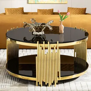 Luxury Gold Round Glass Coffee Table, 31.5" Modern Center Table with Stainless Steel Irregular Leg Black Tempered Glass Tabletop, Accent Furniture for Living Room, Black