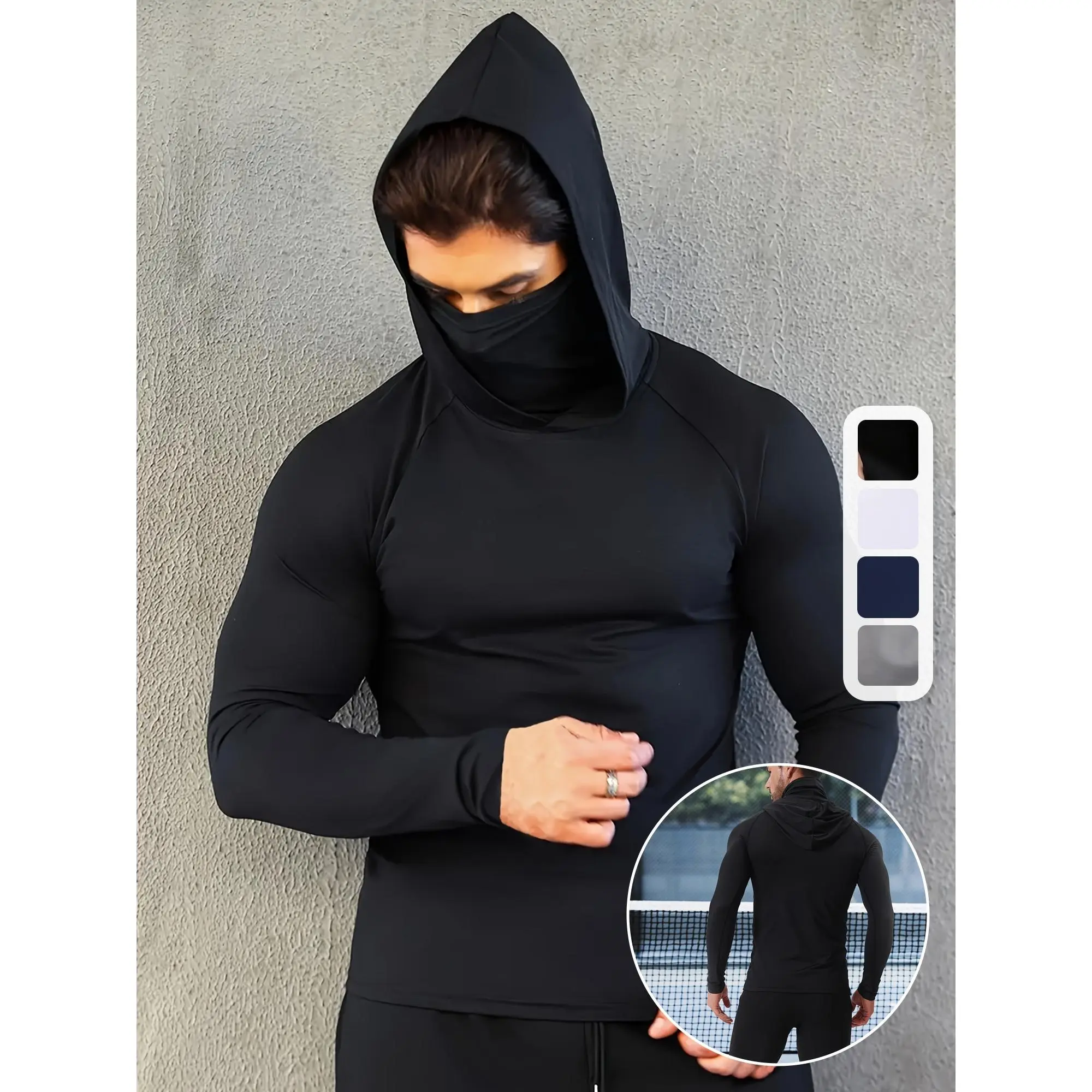 Men's Skinny Compression Hoodie with Mask - Quick-Drying, Breathable Long-Sleeve All-Seasons Sports Top - Spring & Autumn Workout Performance Enhancer, Ideal Gift
