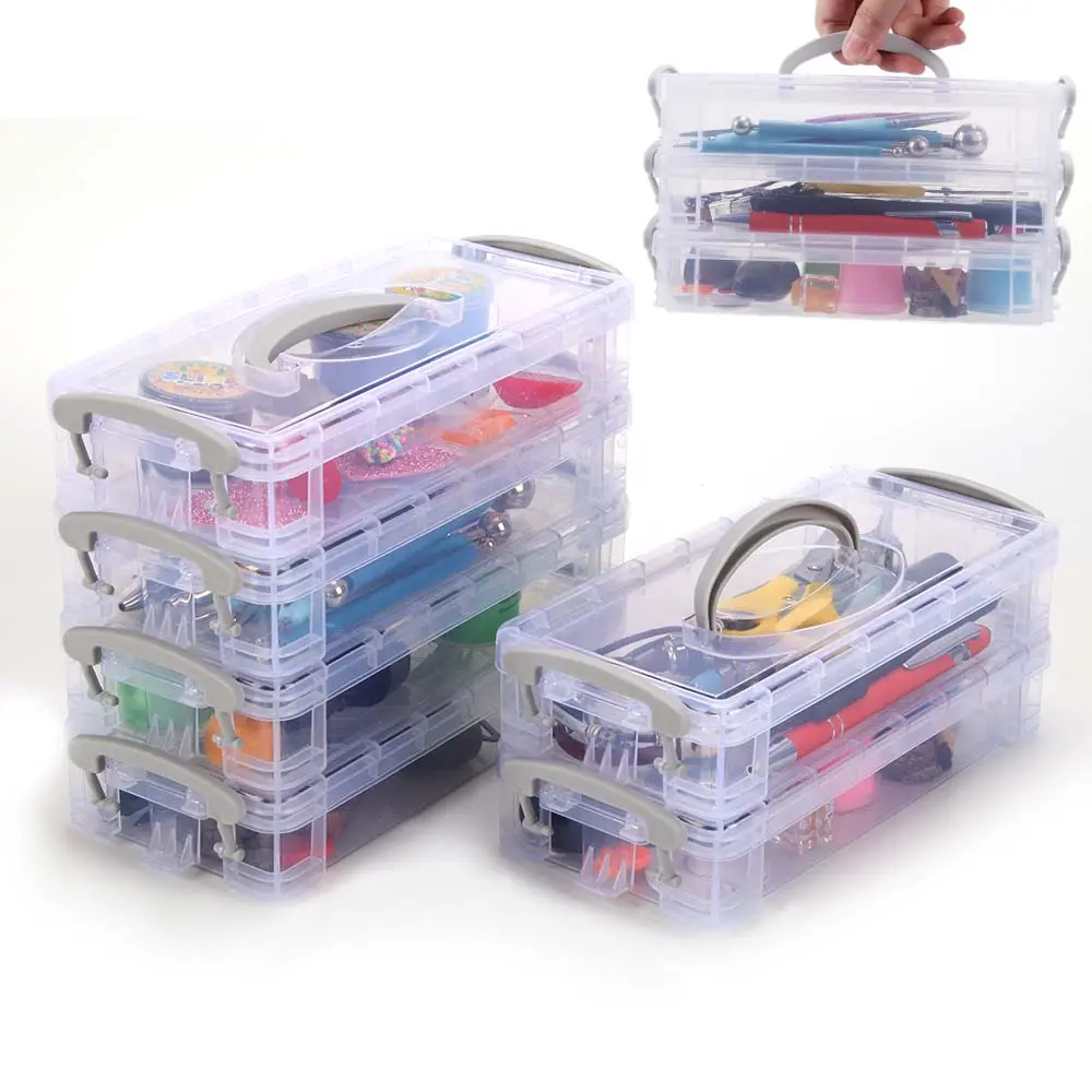 6 Pieces Set Stackable Clear Plastic Storage Boxes with Lids & Carrying Handle, Portable Small Organizer Cases for Art Crafts, Cosmetics, Jewelry, Sewing Supplies, Desktop & Home Drawer Organization