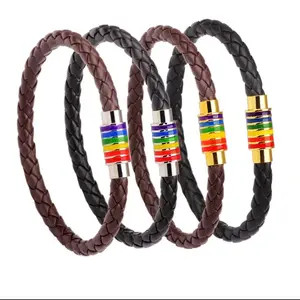 Pride Rainbow Black/Brown bracelet with gold or silver color magnetic buckle