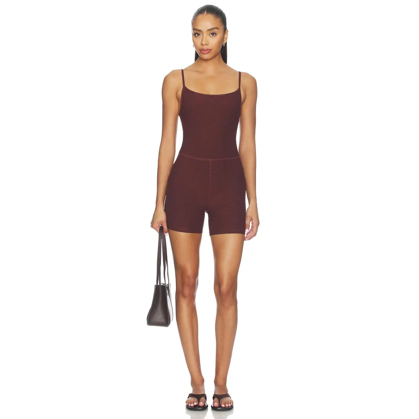 Beyond Yoga Spacedye Keep Pace Biker Romper in Iced Mocha Heather