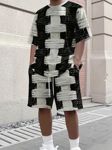 Men's Casual Sportswear Set, Athleisure Street Fit, Breathable Polyester Knit Fabric, Colorblock Plaid Print Short Sleeve T-Shirt & Shorts Combo, All Seasons Regular Fit