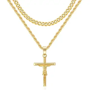 2 Pcs Layered Jesus Cross Necklace for Men & Women | Gold Cuban Link & Rope Chain Set | Tarnish Free