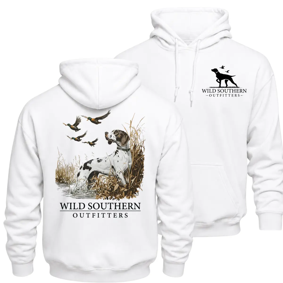 Wild Southern Outfitters Duck Hunting Hoodie, German Shorthaired Pointer and Flying Mallard Graphic Pullover, Front Chest Logo and Large Back Print Waterfowl Hunter Apparel, Southern Outdoor Gift for Men and Women