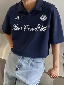 Men's Casual Blue Polo Shirt, Vintage Font Design, Star Pattern, Graphic, Short Sleeve Knitwear, Streetwear, Perfect for Music Festivals, Vacation, Daily Wear