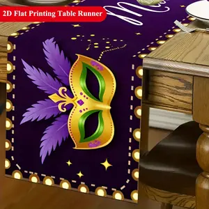 Mardi Gras Table Runner - Purple & Golden Mask Design with "Mardi Gras" Lettering, Rectangular Dining Decor for Home & Parties, Easy to Clean, Perfect for Restaurants, Coffee Tables, Party Table Setting | Festive Table