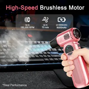 Compressed Air Duster, Powerful Turbo Air Duster Pink, Rechargeable Cordless with Adjustable Speed, LED Light & 8000mAh Battery, 150000 RPM for Keyboard, PC & Car Cleaning