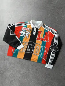 Men's Vintage Rugby Polo Shirt, Fitted Color Block Patchwork Geometric Graphic Long Sleeve, La Letter Print, Striped Sleeves, Retro Streetwear Casual Top