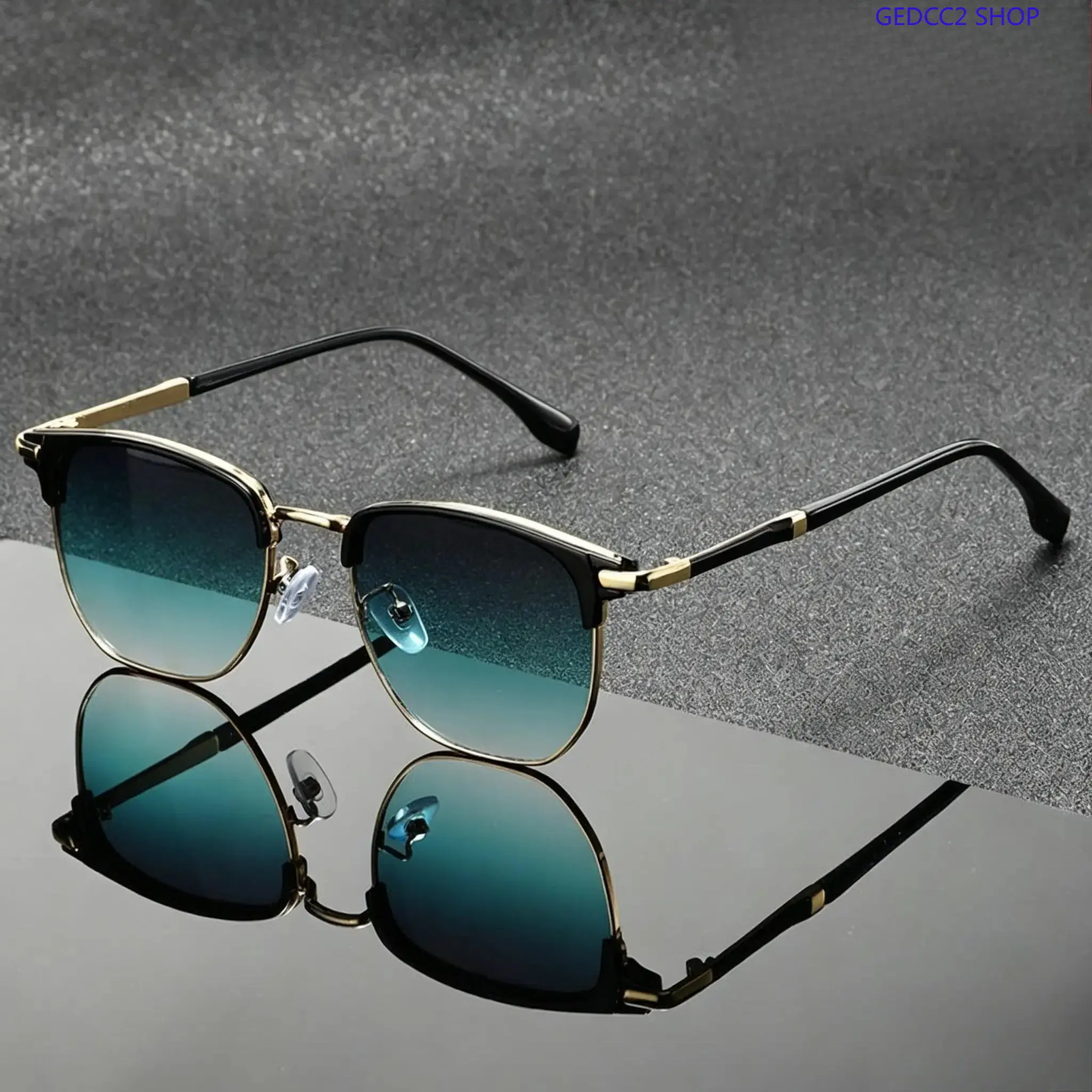 Vintage Semi-Rimless Square Sunglasses, Unisex 90s Retro UV400 Sunglasses with Gold Metal Frame & Teal Gradient Lenses, Y2K Fashion Outdoor Eyewear for Driving, Streetwear & Summer Style