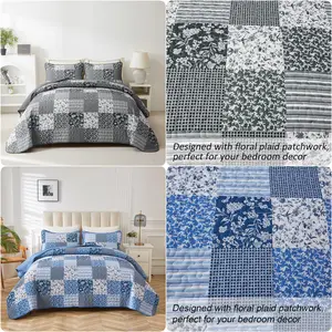 3 Pieces Plaid Floral Queen King Size Quilted Bedspread Set Blue Boho Coverlet Set for All Season Bohemian Patchwork Reversible Bedding Set